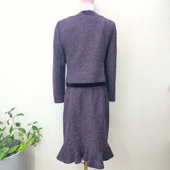 Albert Nipon Pockets Purple Tweed And Velvet 2pc Skirt Suit Set Womens Size 6P - Picture 3 of 16